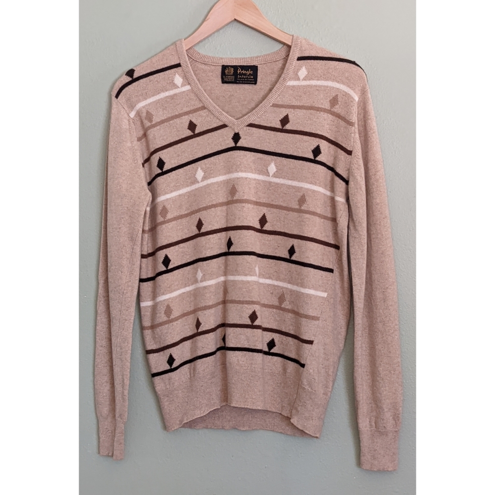 Pringle |  Of Scotland | Intarsia Tan With Diamond Print 100% Pure Cashmere Sz S